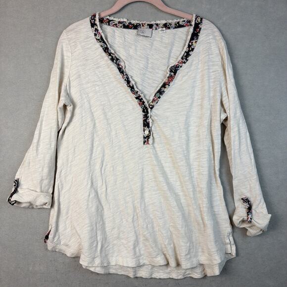 Anthropologie Tops - Anthropologie Postmark Henley Women’s Lg Cream Bohemian Floral Ruffle Cottage